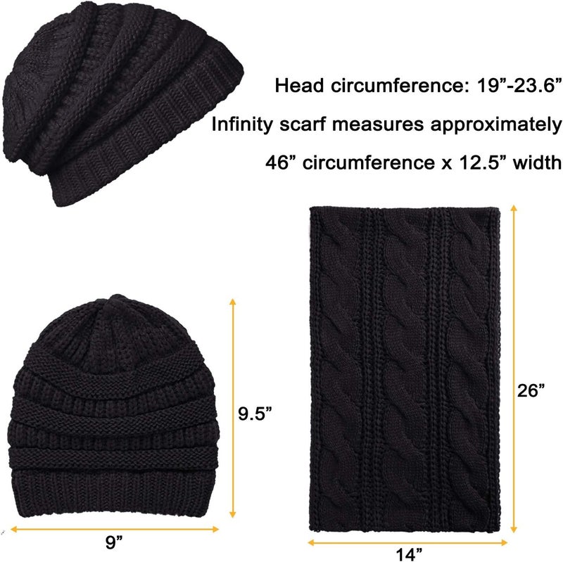 Double Couple Knit Infinity Scarf Slouchy Beanie Hat Set Women Winter Warm Circle Loop Scarfs (Black) - Image 3