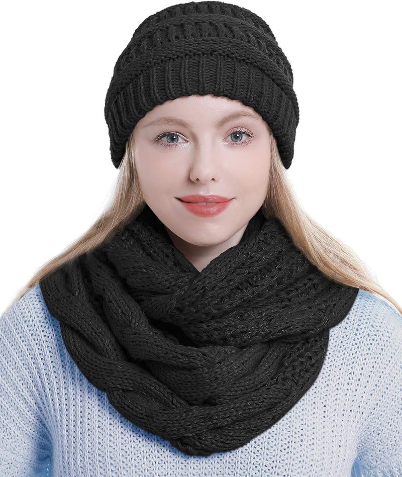 Double Couple Knit Infinity Scarf Slouchy Beanie Hat Set Women Winter Warm Circle Loop Scarfs (Black) - Image 2