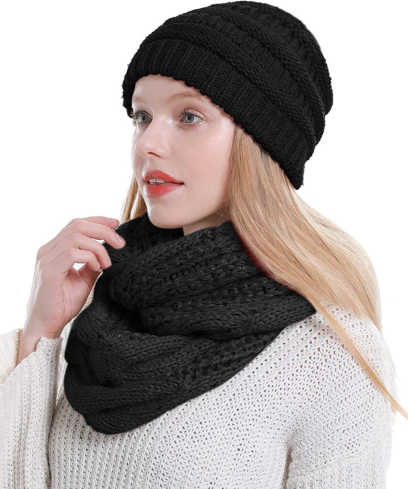 Double Couple Knit Infinity Scarf Slouchy Beanie Hat Set Women Winter Warm Circle Loop Scarfs (Black) - Image 1