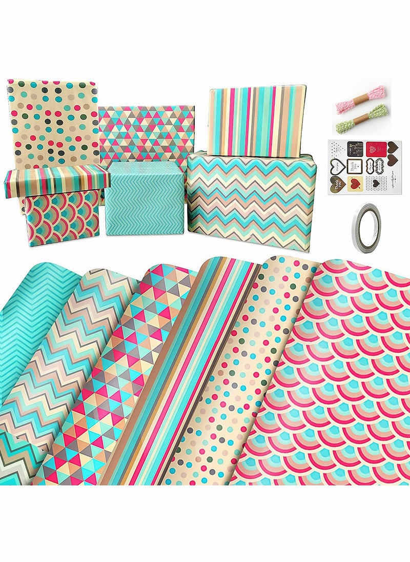 KASTWAVE Birthday Gift Wrapping Paper Set Included 6 Pack Gift Wrap Paper with Ribbon, Sticker and Tape, for Birthday, Weddings, Graduations, Boys, Girls, All Occasion  - Image 1