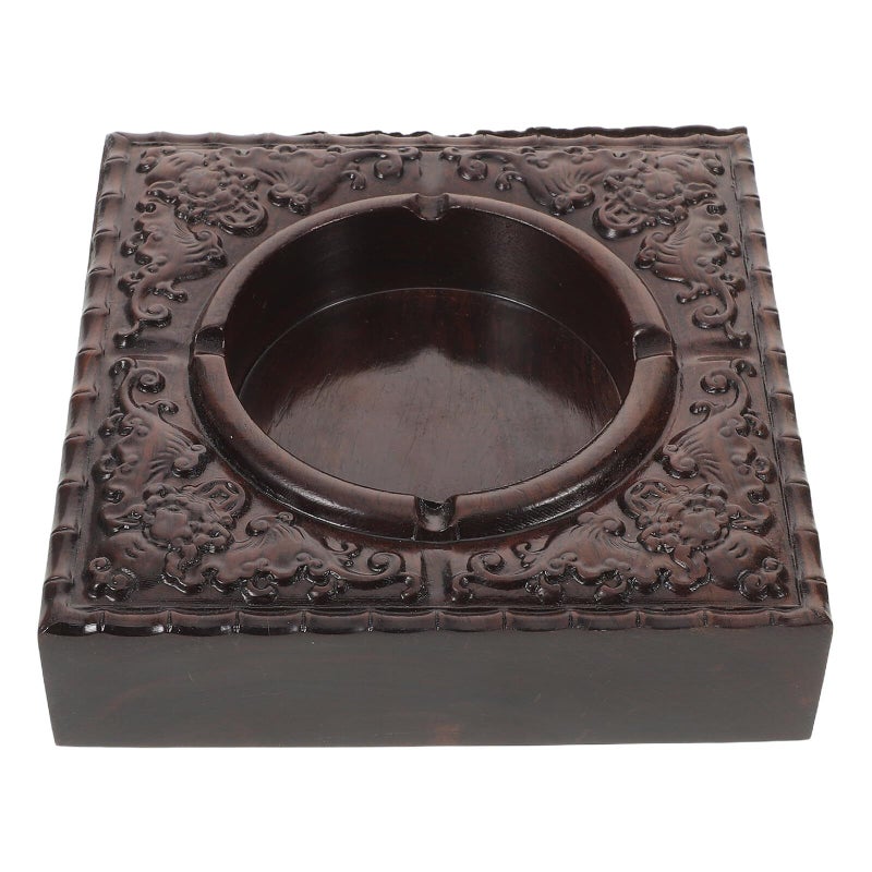 Ebony Carved Vintage Fireproof Ashtray Square Black Wooden Tabletop Indoor Outdoor Patio Gift - Image 2