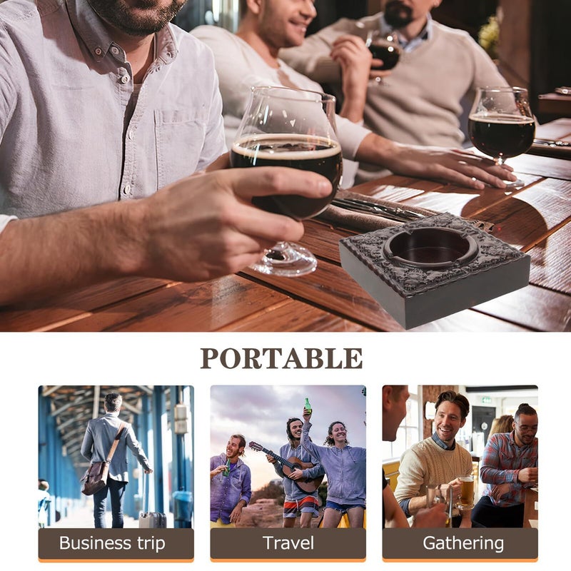 Ebony Carved Vintage Fireproof Ashtray Square Black Wooden Tabletop Indoor Outdoor Patio Gift - Image 4