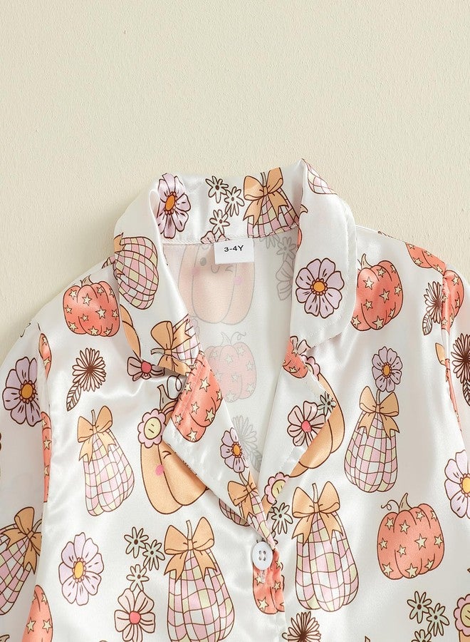 fyclemt Toddler Girl Silk Pajamas Set Floral Pumpkin Fuzzy Trim Long Sleeve Button Up Shirt Pants Kids Halloween Pjs Lounge Sleepwear (Floral Pumpkin White, 18-24 Months) - Image 4