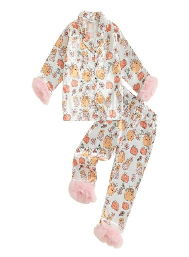 fyclemt Toddler Girl Silk Pajamas Set Floral Pumpkin Fuzzy Trim Long Sleeve Button Up Shirt Pants Kids Halloween Pjs Lounge Sleepwear (Floral Pumpkin White, 18-24 Months) - Image 1