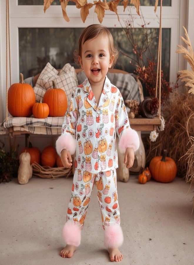 fyclemt Toddler Girl Silk Pajamas Set Floral Pumpkin Fuzzy Trim Long Sleeve Button Up Shirt Pants Kids Halloween Pjs Lounge Sleepwear (Floral Pumpkin White, 18-24 Months) - Image 3