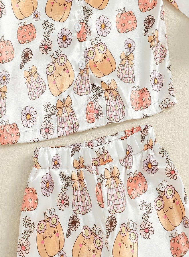 fyclemt Toddler Girl Silk Pajamas Set Floral Pumpkin Fuzzy Trim Long Sleeve Button Up Shirt Pants Kids Halloween Pjs Lounge Sleepwear (Floral Pumpkin White, 18-24 Months) - Image 5