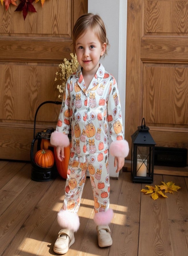 fyclemt Toddler Girl Silk Pajamas Set Floral Pumpkin Fuzzy Trim Long Sleeve Button Up Shirt Pants Kids Halloween Pjs Lounge Sleepwear (Floral Pumpkin White, 18-24 Months) - Image 2