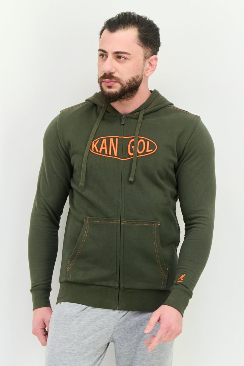 KANGOL Men Hooded Embroidered Logo Long Sleeves Hoodie, Olive - Image 1