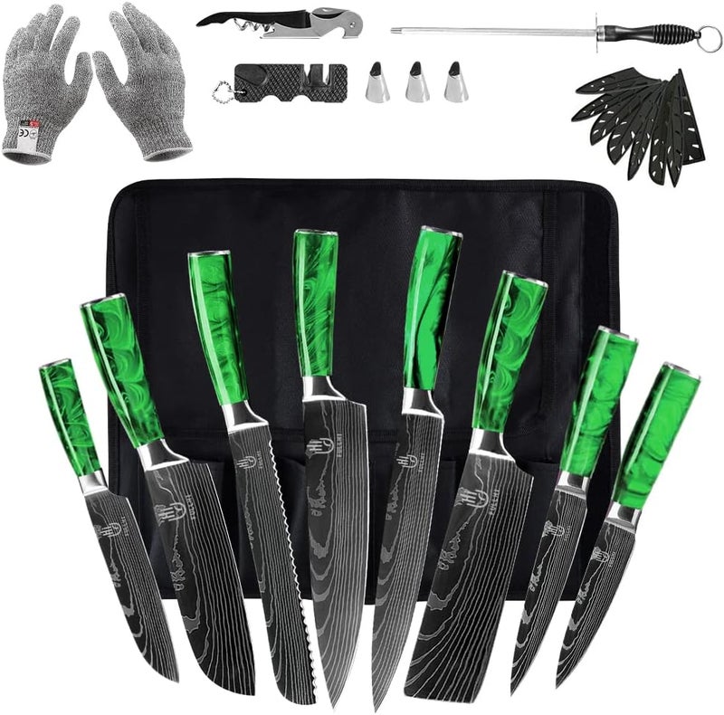 FULLHI 14/15pcs Japanese Multiple Colour Premium German Stainless Steel Kitchen Knife Set (Green, Knife set) - Image 1