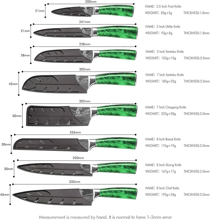 FULLHI 14/15pcs Japanese Multiple Colour Premium German Stainless Steel Kitchen Knife Set (Green, Knife set) - Image 2
