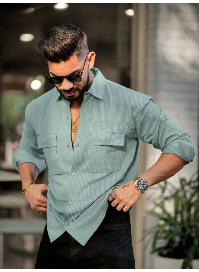 Maniac Maniac Mens Solid 2 Pockets collared Neck Full Sleeve Light Blue Oversized Cotton Shirt