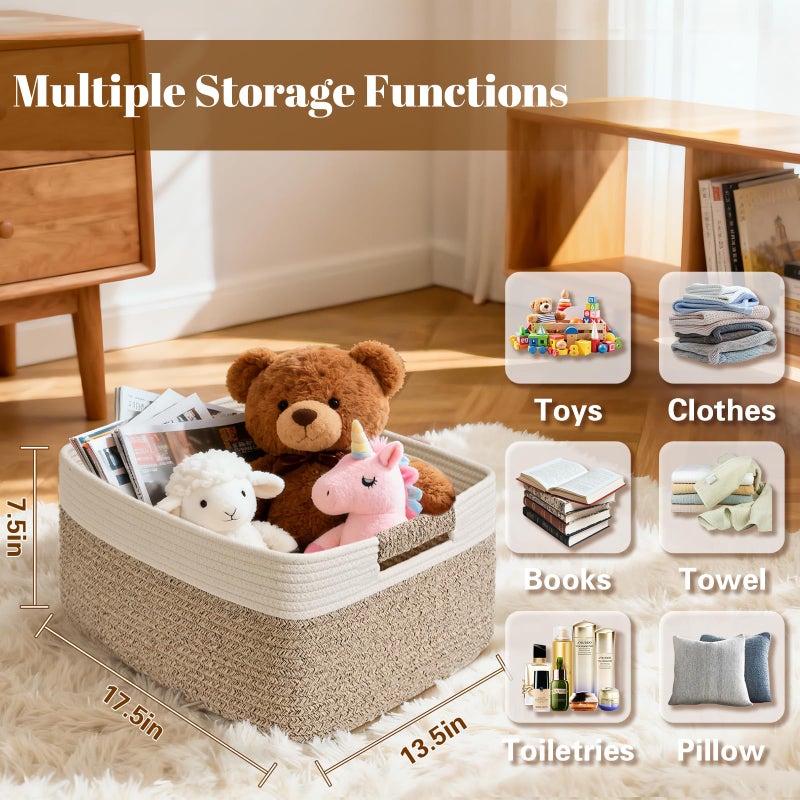 Degeyoyo 2 Pack Large Storage Basket for Organizing, 17.5"x13.5"x7.5" Woven Basket for Shelves, Closet Storage Bins with Wrapped Handle, Cotton Rope Baskets for Kitchen, Clothes, Toys(Off White & Brown) - Image 3