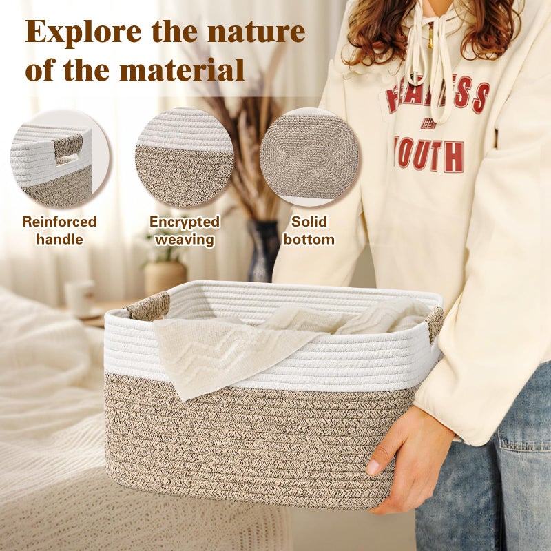 Degeyoyo 2 Pack Large Storage Basket for Organizing, 17.5"x13.5"x7.5" Woven Basket for Shelves, Closet Storage Bins with Wrapped Handle, Cotton Rope Baskets for Kitchen, Clothes, Toys(Off White & Brown) - Image 4