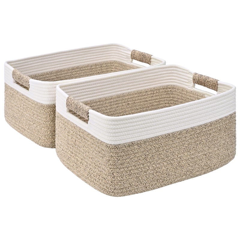 Degeyoyo 2 Pack Large Storage Basket for Organizing, 17.5"x13.5"x7.5" Woven Basket for Shelves, Closet Storage Bins with Wrapped Handle, Cotton Rope Baskets for Kitchen, Clothes, Toys(Off White & Brown) - Image 1