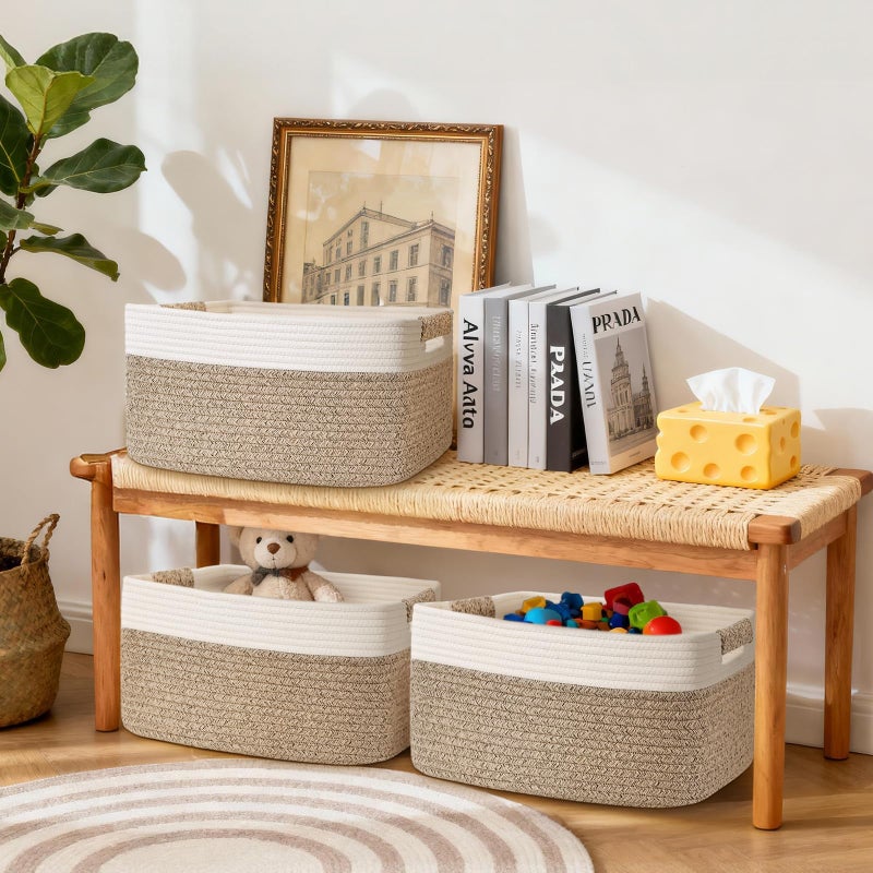 Degeyoyo 2 Pack Large Storage Basket for Organizing, 17.5"x13.5"x7.5" Woven Basket for Shelves, Closet Storage Bins with Wrapped Handle, Cotton Rope Baskets for Kitchen, Clothes, Toys(Off White & Brown) - Image 2