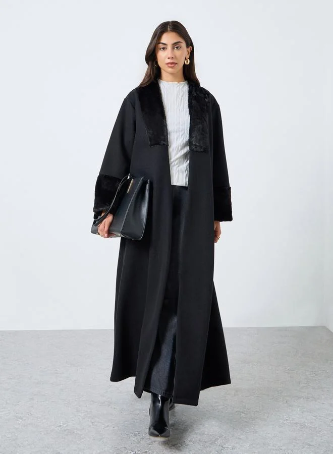 Black Faux Fur Collar Front Open Abaya