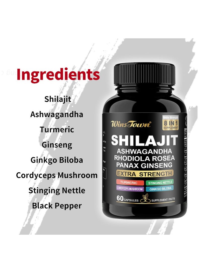 8-in-1 Herbal Capsules with Shilajit, Ashwagandha & Turmeric｜High Potency Extract｜Enhanced Absorption ｜60 Capsules