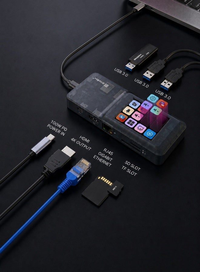 MiraBox H1 8 in 1 Smart Docking Station with Built-in Touch Display Screen, Multi-Function USB-C Hub for Streaming, Gaming & Office Work, 4K HDMI, PD 100W Fast Charging, Gigabit Ethernet Adapter, USB 3.0, SD/TF Card Reader & Audio – Compatible with MacBook, Laptops, PCs & USB-C Devices - Image 2