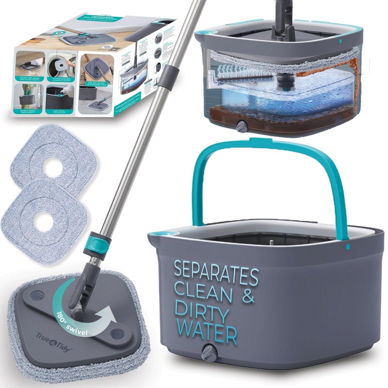True & Tidy True  Tidy True Clean Spin Mop  Bucket System  Dual Compartment Design for Clean  Dirty Water 360 Swivel Mop Head Builtin Scrubbing Brush Stainless Steel Handle  2 Reusable Microfiber Pads