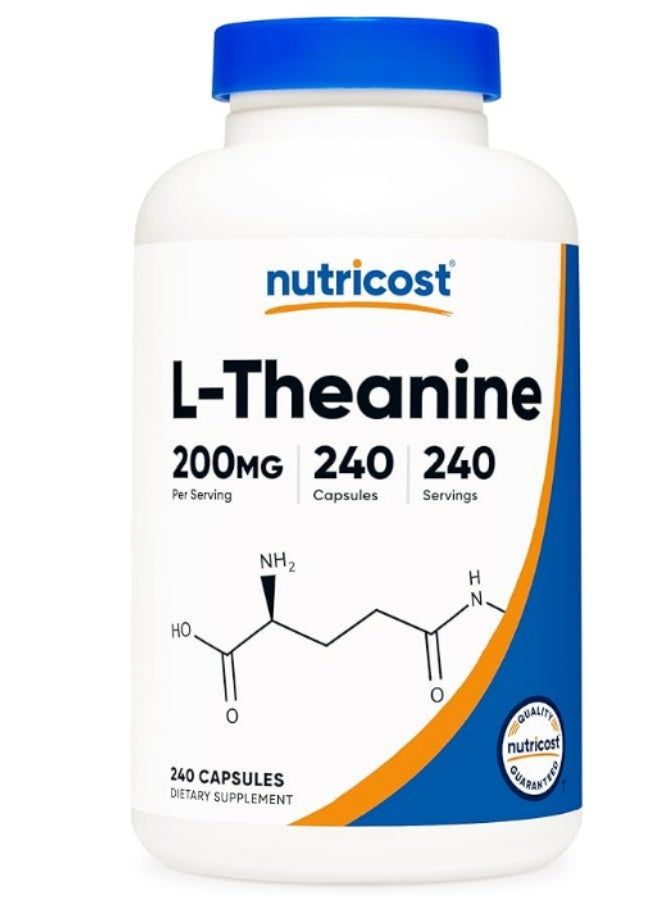 Nutricost L-Theanine 200 mg per serving, 240 capsules, 240 servings, dietary supplement - Image 1