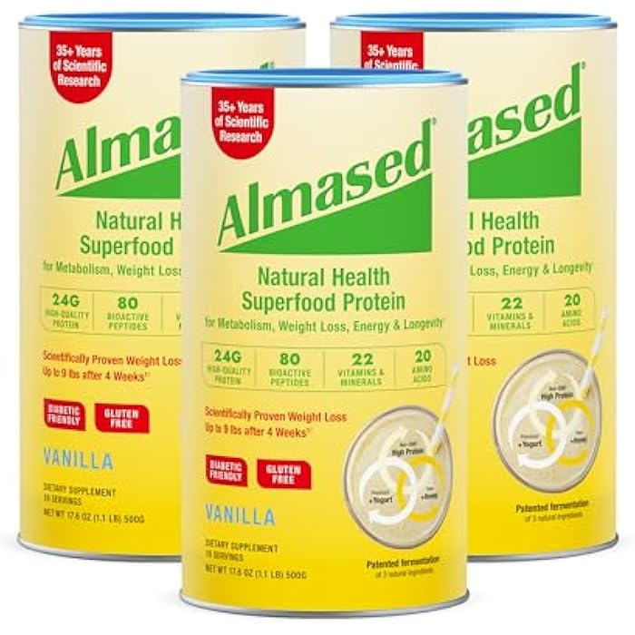 Almased Vanilla Meal Replacement Shake - Low-Glycemic High Plant Base Protein Powder- Nutritional Weight Health Support Supplement - Vanilla Flavor - 17.6 oz (1.1 Pound (3 Pack)) - Image 1