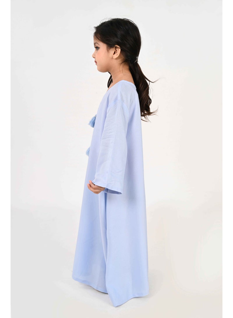 Linelle Kids Jalabiya – Blue Rayon Maxi with Full Loose Sleeves and Tassel Detailing - Image 3