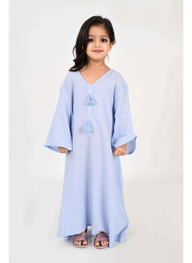 Linelle Kids Jalabiya – Blue Rayon Maxi with Full Loose Sleeves and Tassel Detailing - Image 5