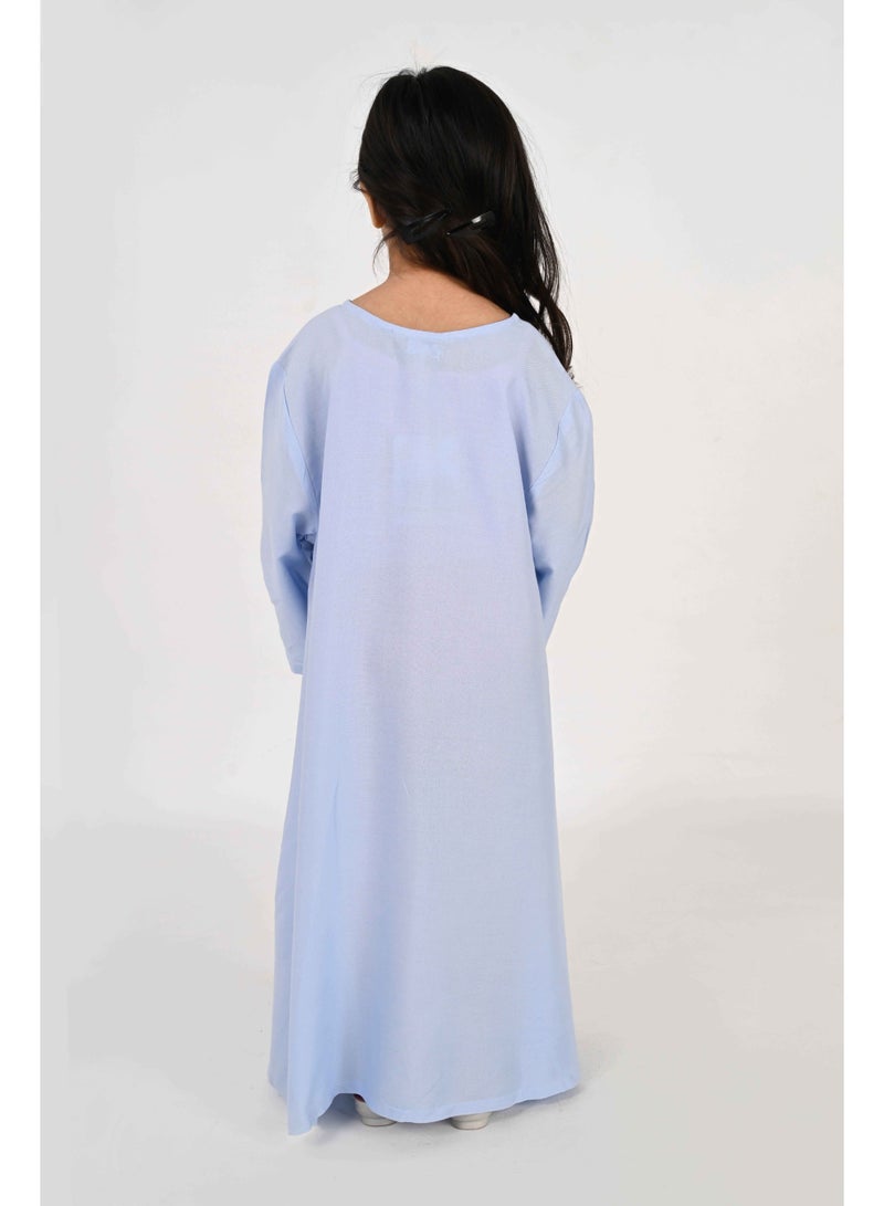 Linelle Kids Jalabiya – Blue Rayon Maxi with Full Loose Sleeves and Tassel Detailing - Image 4