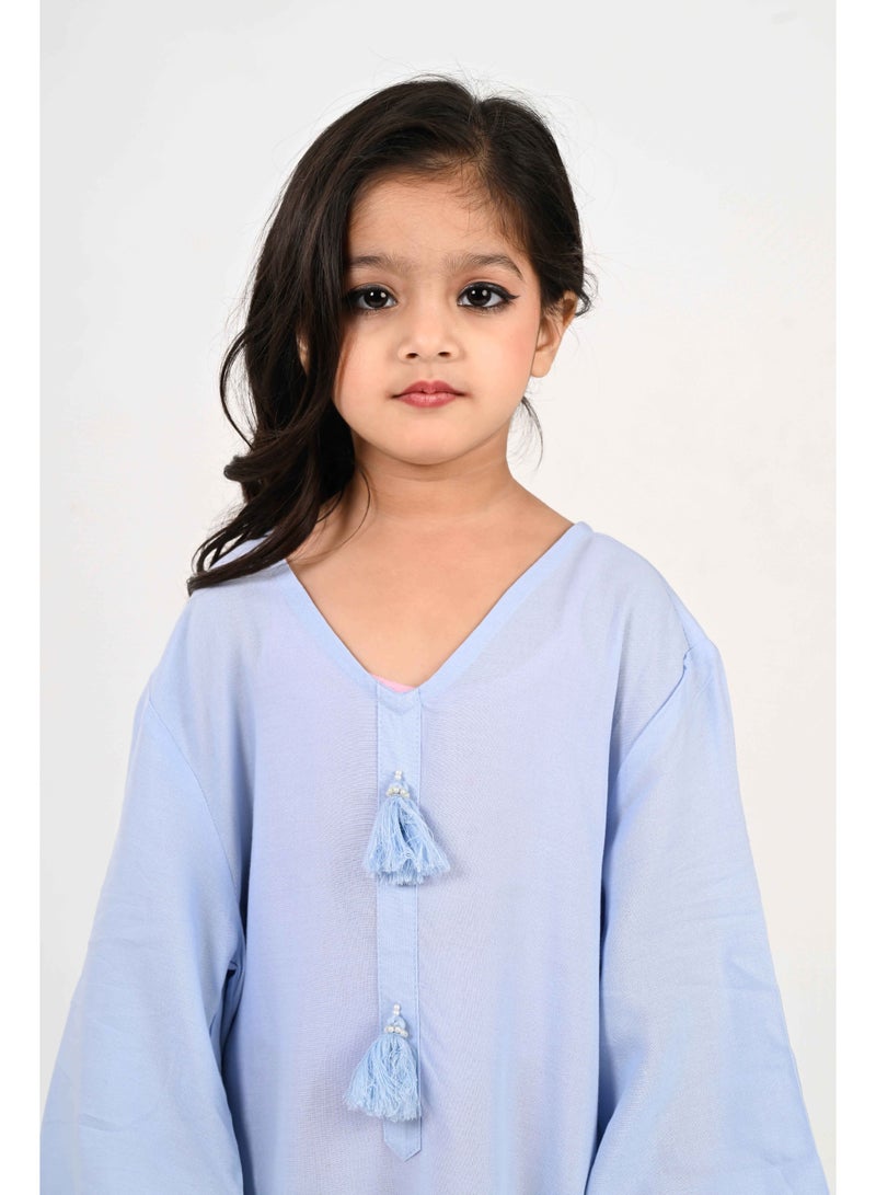 Linelle Kids Jalabiya – Blue Rayon Maxi with Full Loose Sleeves and Tassel Detailing - Image 1
