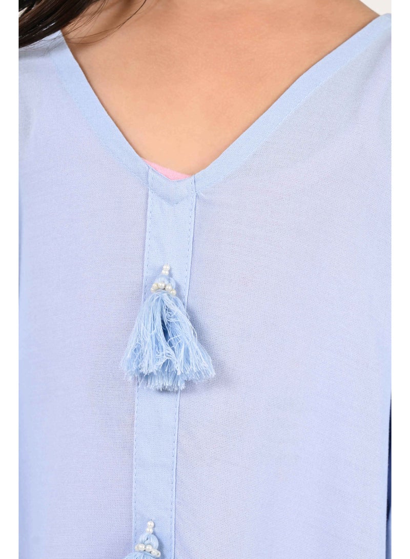 Linelle Kids Jalabiya – Blue Rayon Maxi with Full Loose Sleeves and Tassel Detailing - Image 2