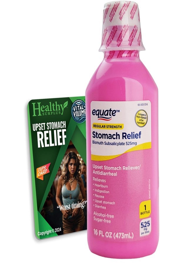 Healthy Surplus Equate Stomach Relief Liquid 16 FL OZ (473mL) Bismuth Subsalicylate 525mg and Vital Volumes Upset Stomach Tips Card Bundle - Image 1