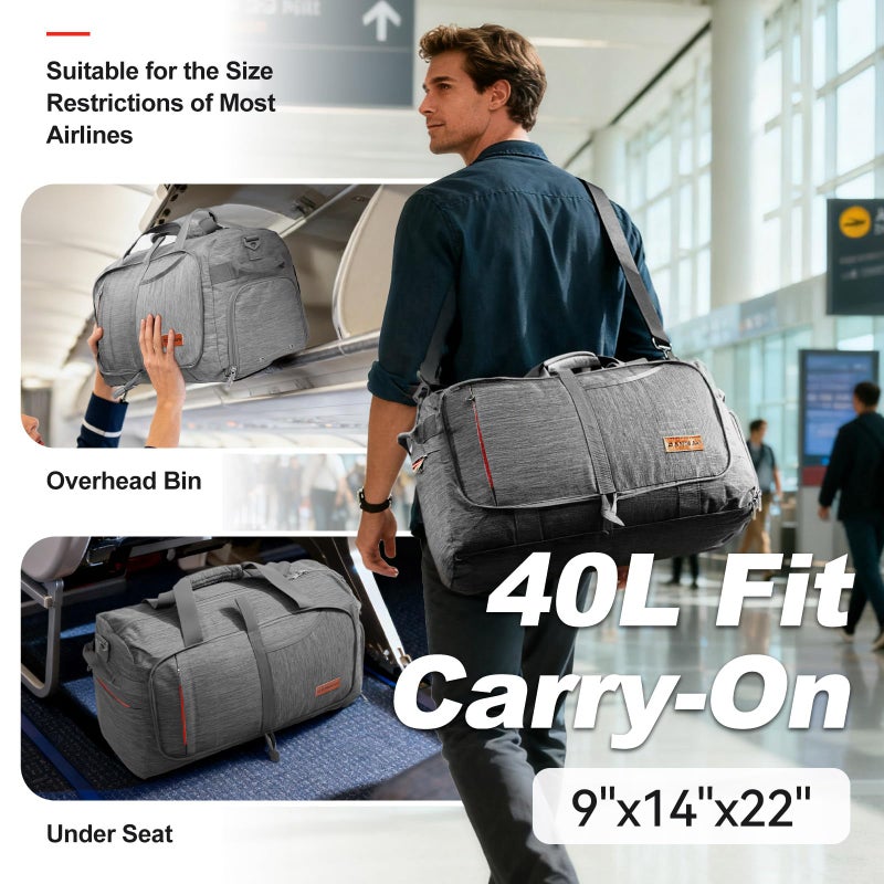 Canway 40L Foldable Duffle Bag for Travel Men & Women Carry On 22"x14"x9" Airline Approved, Small Luggage Overnight Bag with Shoe Compartment, Water-Resistant Gym & Sports Bag - Image 2