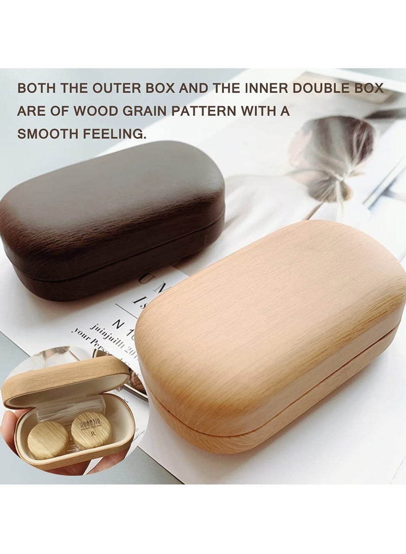 Wood Grain Contact Lens Case Compact Eye Contact Case for Travelling Portable Contact Box with Mirror Rectangle，Cute Colorful Especially Fresh Brown 2 Piece Set - Image 2