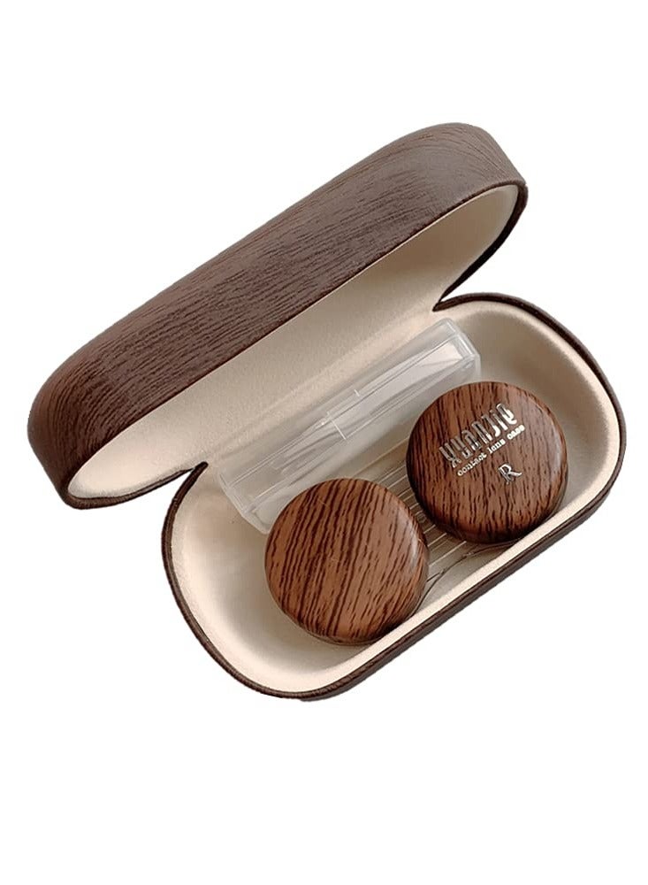 Wood Grain Contact Lens Case Compact Eye Contact Case for Travelling Portable Contact Box with Mirror Rectangle，Cute Colorful Especially Fresh Brown 2 Piece Set - Image 1