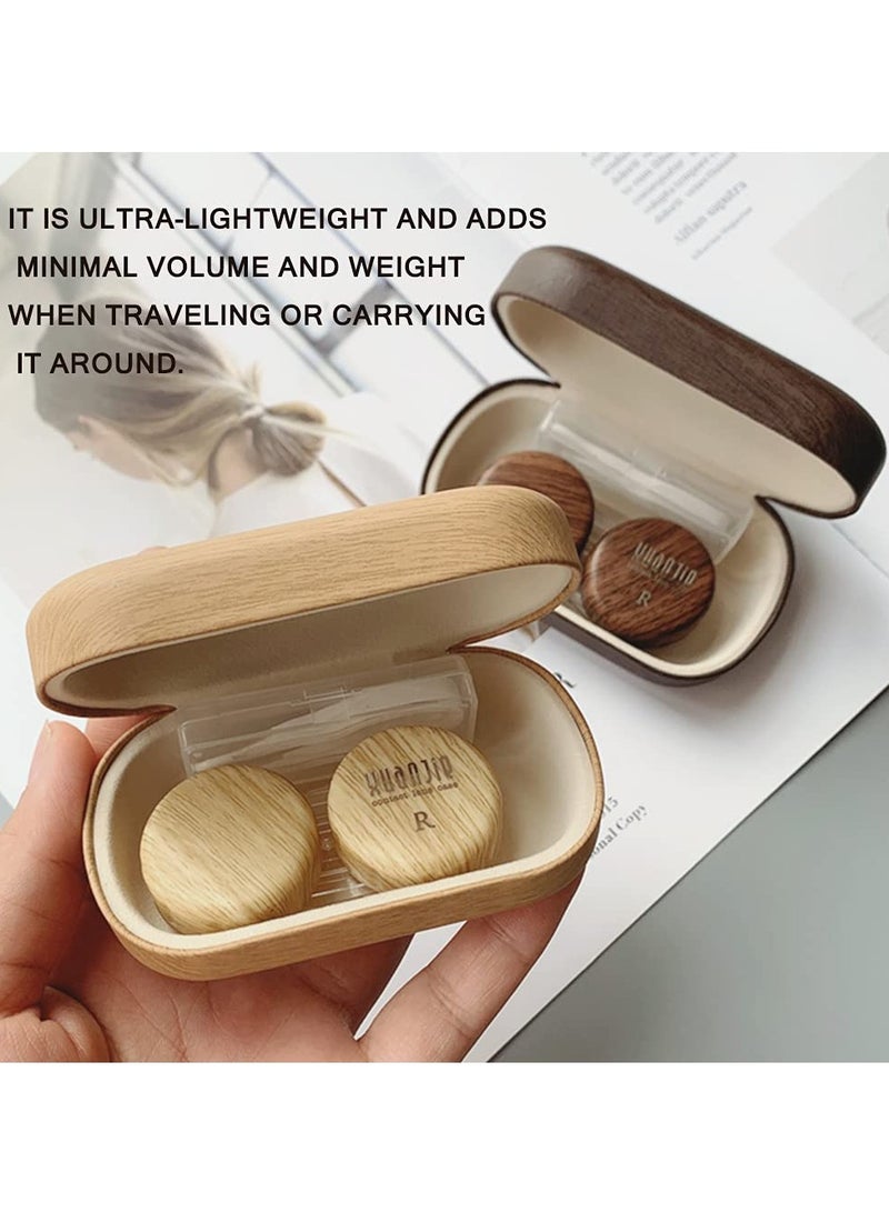 Wood Grain Contact Lens Case Compact Eye Contact Case for Travelling Portable Contact Box with Mirror Rectangle，Cute Colorful Especially Fresh Brown 2 Piece Set - Image 4