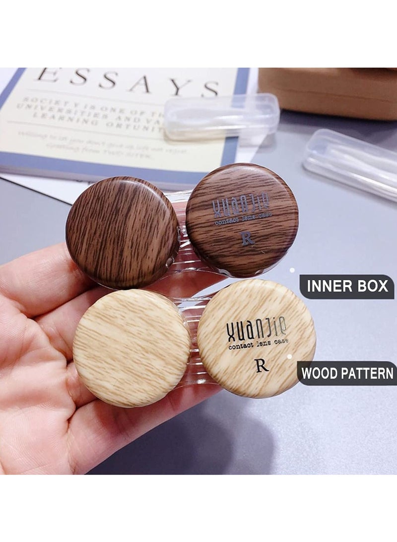 Wood Grain Contact Lens Case Compact Eye Contact Case for Travelling Portable Contact Box with Mirror Rectangle，Cute Colorful Especially Fresh Brown 2 Piece Set - Image 3