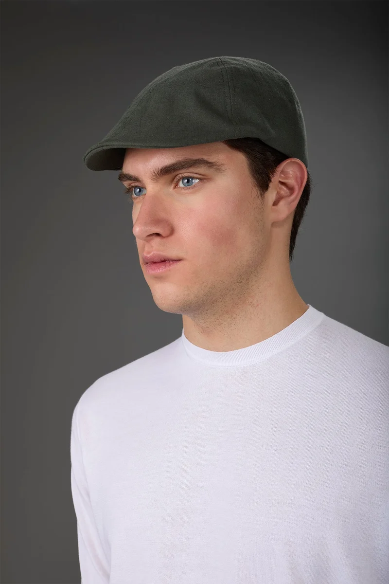 Men's flat cap with short semi-hidden peak in linen blend - Military