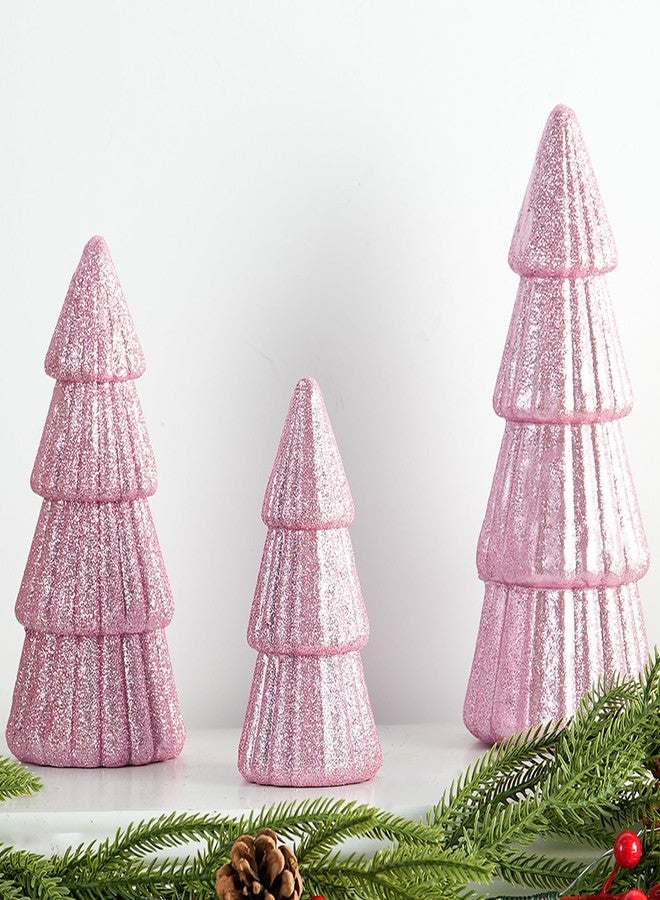 Fangoo 3Pcs Glitter Pink Tabletop Christmas Tree Figurines Foam Christmas Cone Tree Table Centerpiece DecoratioXmas Tree Ornaments for Shelf Mantel Fireplace Home Farmhouse Kitchen Party - Image 1