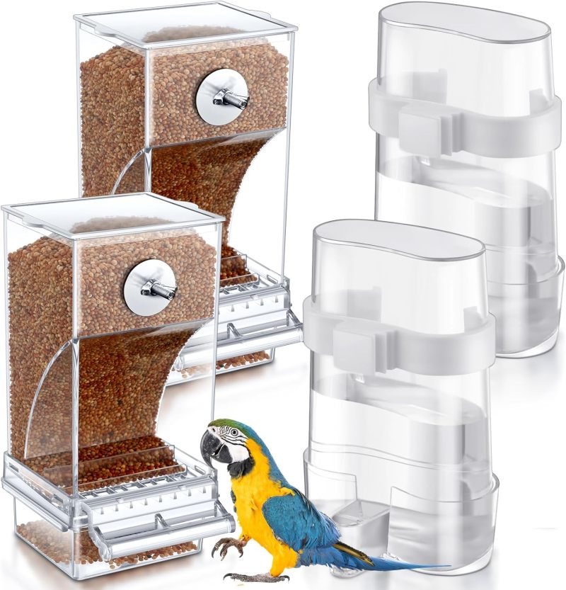 Small Automatic Bird Feeder Transparent 4 Pack (2 Drinkers + 2 Feeders) - Anti-Scattering Bird Waterer for Indoor Outdoor Bird Cage Accessories - Image 1