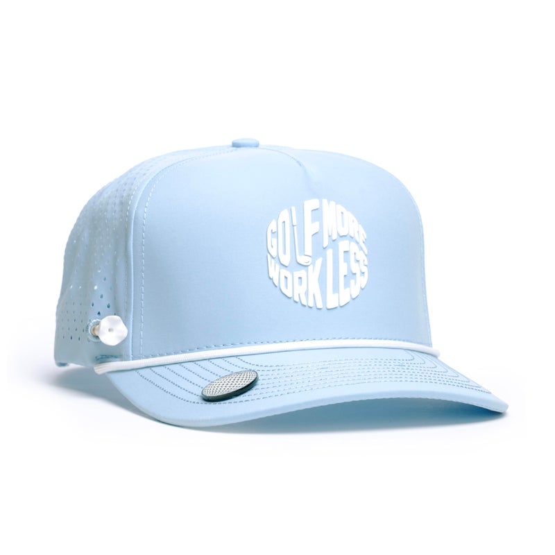 BRIMZ Golf Performance Hat - Breathable Sweat & Water Resistant Golfing Snapback Cap with Tee Holder & Magnetic Brim - Double Sided Ball Marker & Tee Included (Golf More, Work Less - Baby Blue) - Image 1