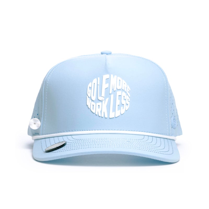 BRIMZ Golf Performance Hat - Breathable Sweat & Water Resistant Golfing Snapback Cap with Tee Holder & Magnetic Brim - Double Sided Ball Marker & Tee Included (Golf More, Work Less - Baby Blue) - Image 2