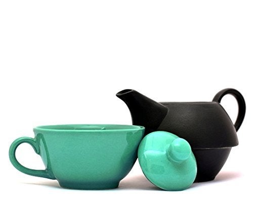 Caffeine Ceramic Handmade Sea Green & Black 2 in 1 Tea Pot (Microwave & Dishwasher Safe) - Image 1