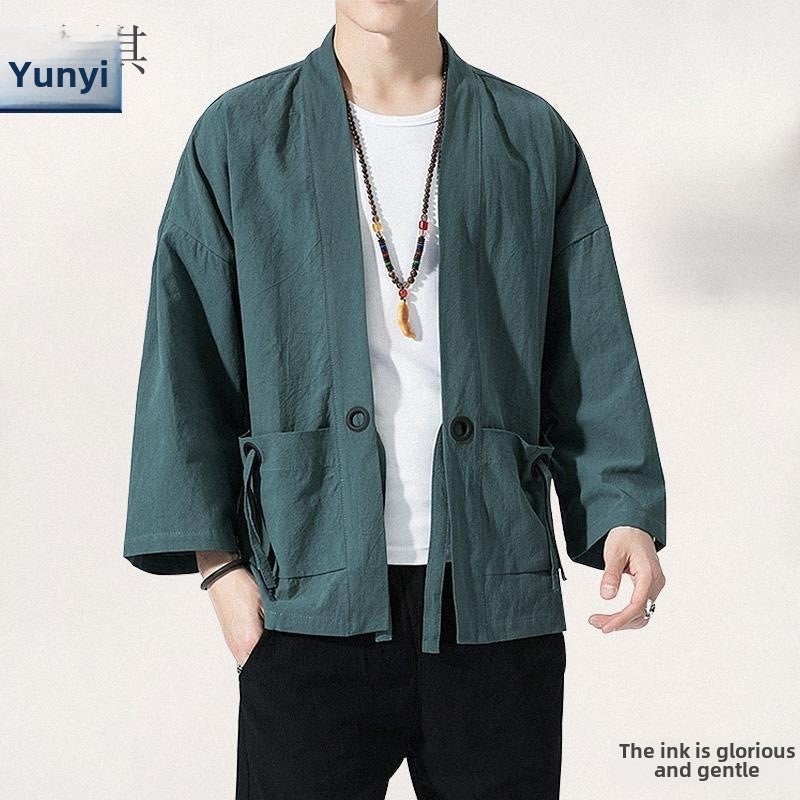 Chinese Style Linen Coat Hanfu Mens Ancient Coat Kimono Loose Cotton and Linen Retro Style Tang Suit Taoist Robe Fashionable Taoist Dress Autumn gray blue