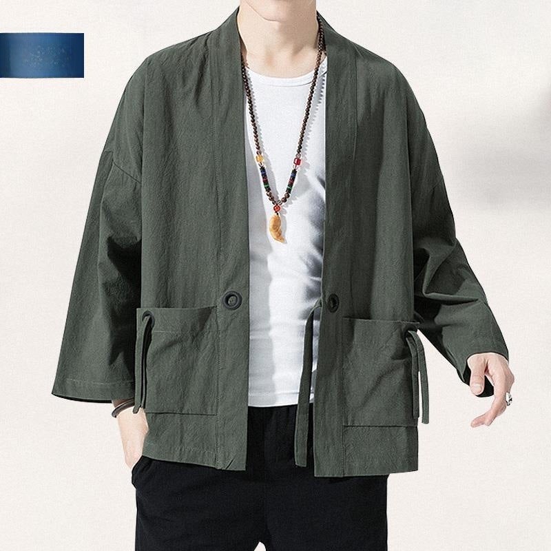 Chinese Style Linen Coat Hanfu Mens Ancient Coat Kimono Loose Cotton and Linen Retro Style Tang Suit Taoist Robe Fashionable Taoist Dress Autumn gray blue