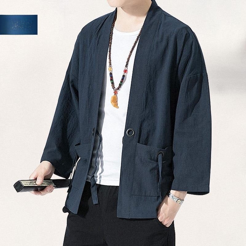 Chinese Style Linen Coat Hanfu Mens Ancient Coat Kimono Loose Cotton and Linen Retro Style Tang Suit Taoist Robe Fashionable Taoist Dress Autumn gray blue