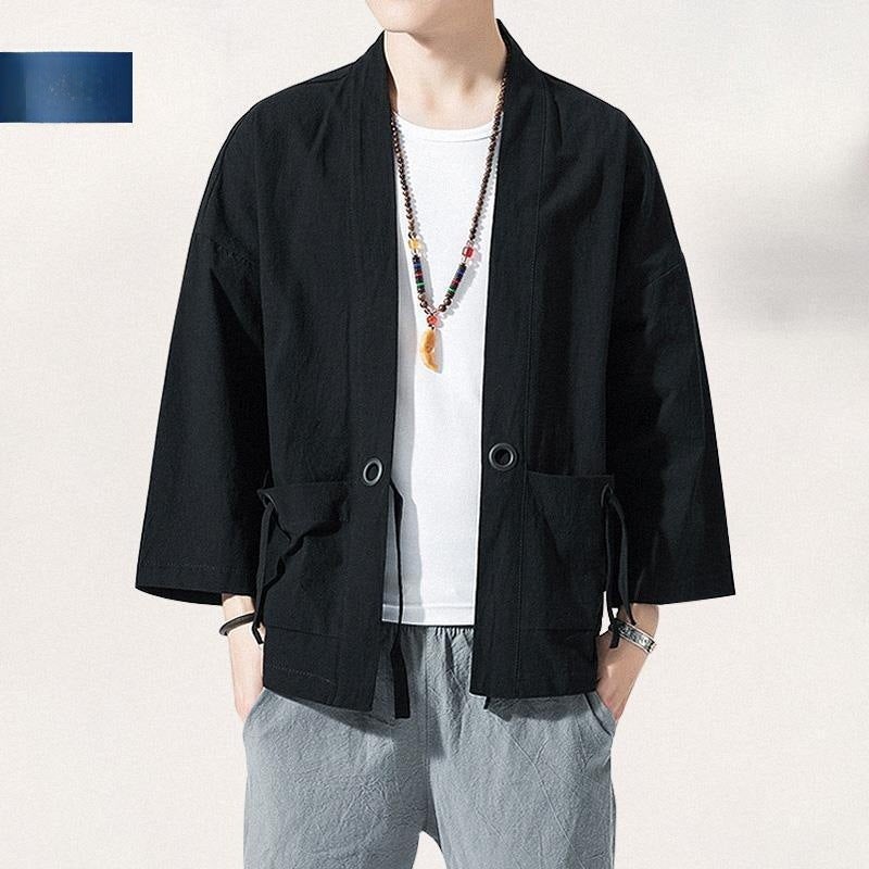 Chinese Style Linen Coat Hanfu Mens Ancient Coat Kimono Loose Cotton and Linen Retro Style Tang Suit Taoist Robe Fashionable Taoist Dress Autumn gray blue