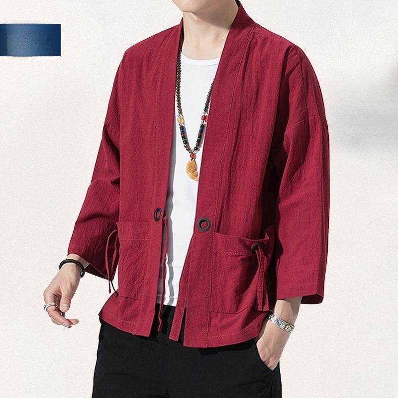 Chinese Style Linen Coat Hanfu Mens Ancient Coat Kimono Loose Cotton and Linen Retro Style Tang Suit Taoist Robe Fashionable Taoist Dress Autumn gray blue