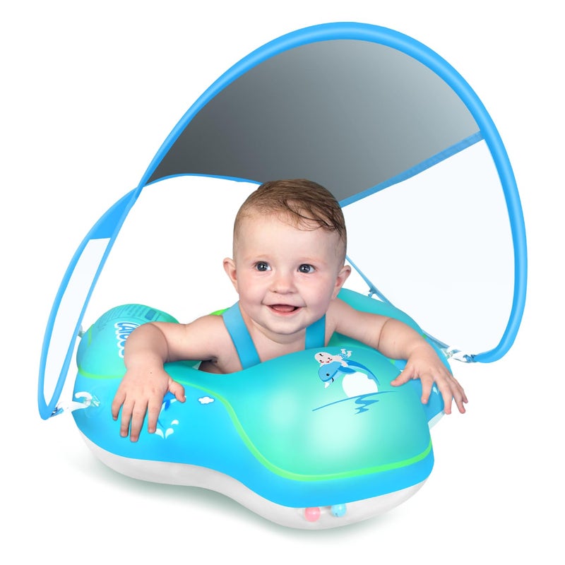 LAYCOL Baby Swimming Float Inflatable Baby Pool Float Ring with Sun Protection Canopyadd Tail no flip Over for Age of 336 Months Blue L