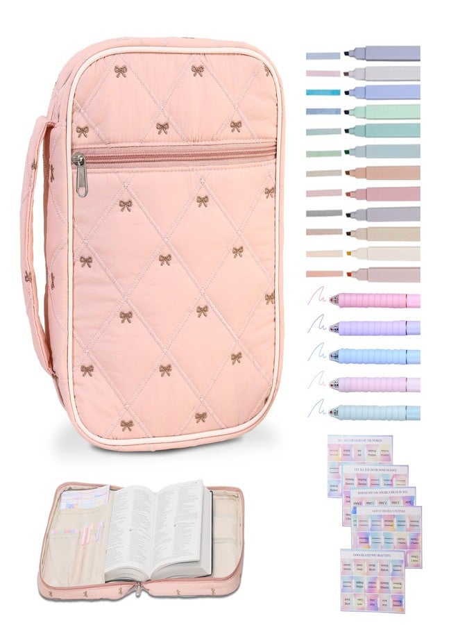 Mozzilog Pink Bible Bags for Women Organizer with Study Supplies Accessories, Quilted Bible Cover Case for Women Carrying Case for Girls Book Case Purse with Bible Stuff - Image 1