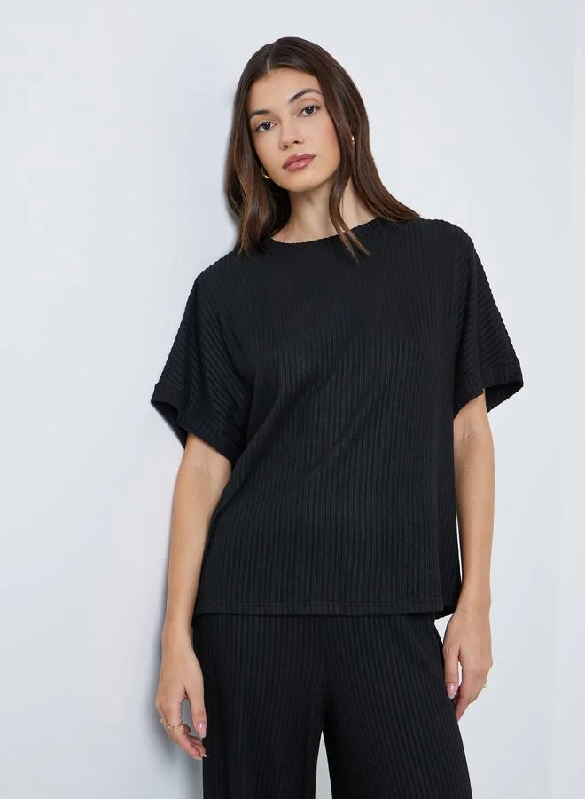Styli Styli Black Oversized Ribbed T-Shirt and Pants Co-Ords